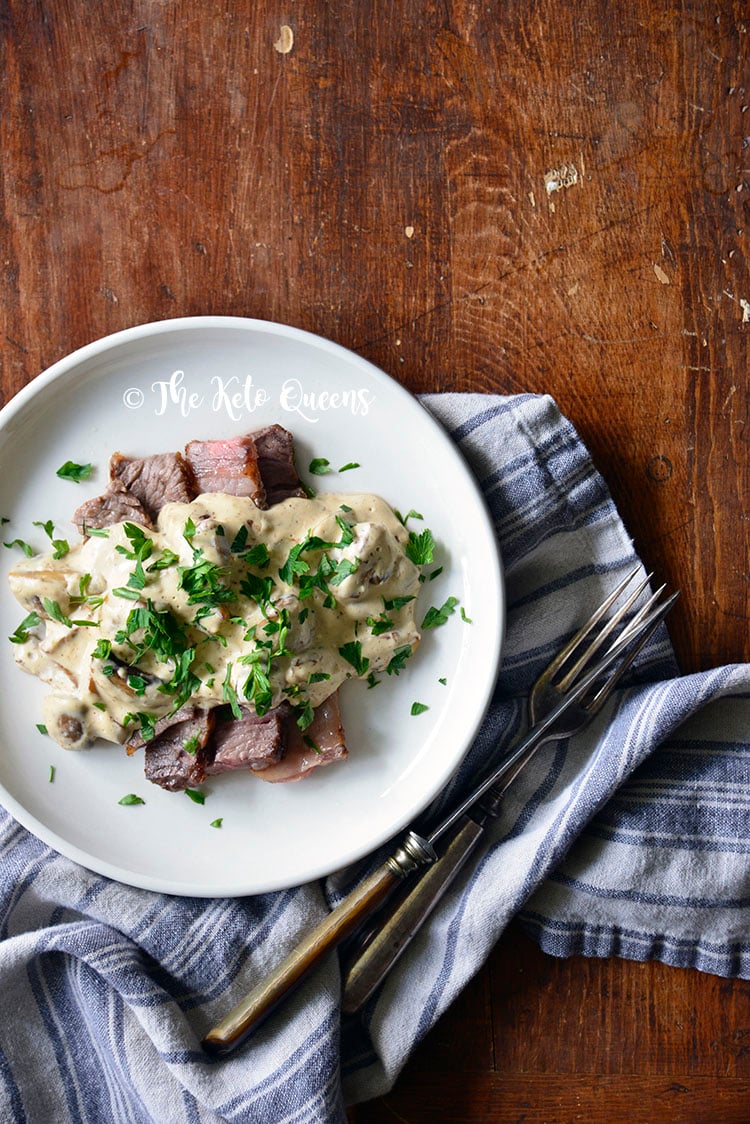 keto quick and easy mushroom stroganoff sauce with leftover grilled steak