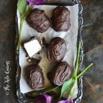 Low Carb Chocolate Covered Vanilla Buttercream Truffle Candy (Keto Fat Bombs) on Vintage Tray