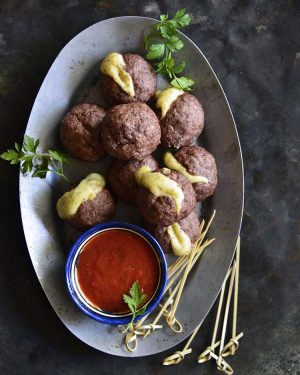 Close Up of Keto Baked Italian Meatball Recipe (Cheese Stuffed)