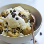 easy keto chocolate chip cookie dough ice cream in a bowl with a rose gold spoon