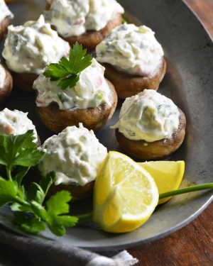 chilled old bay crab salad low carb stuffed mushrooms featured image