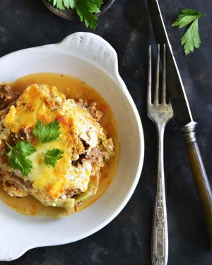 lasagna with easy meat sauce and cabbage noodles featured image
