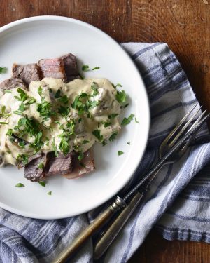 mushroom stroganoff sauce with leftover grilled steak featured image
