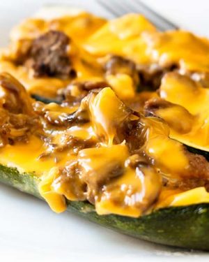 slow cooker bbq brisket stuffed zucchini boats featured image